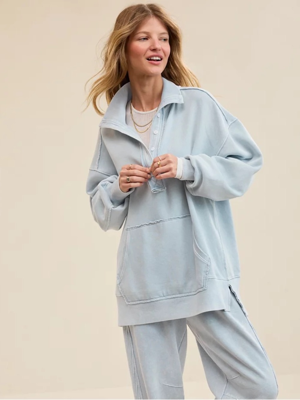 Aerie Vintage Popover Polo Sweatshirt in Cloud Wash Blue size Medium Oversized